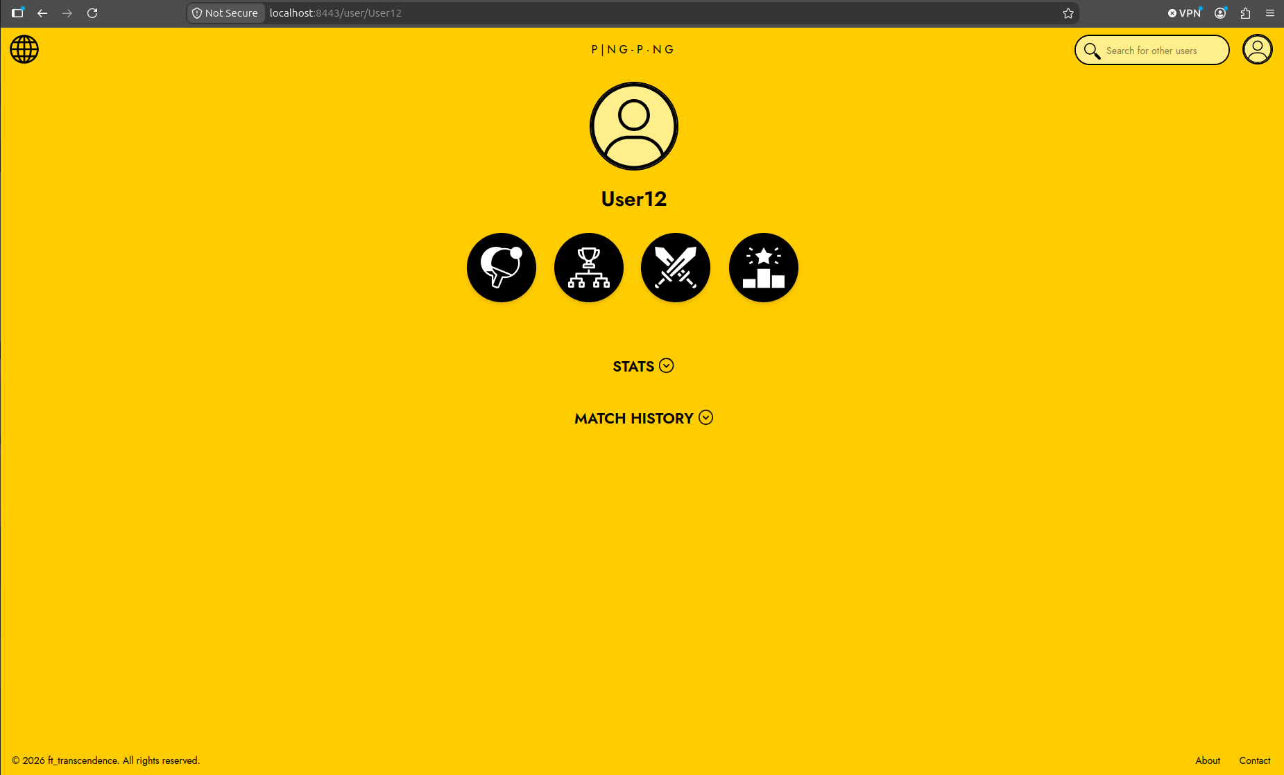 Player profile page providing access to game, tournament, match, statistics, and expandable match-history information.